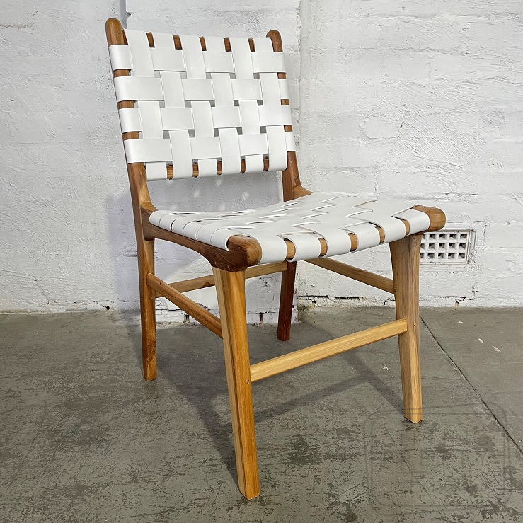 Lombok Dining Chair In Teak Leather, Woven Leather Seat Dining Chair